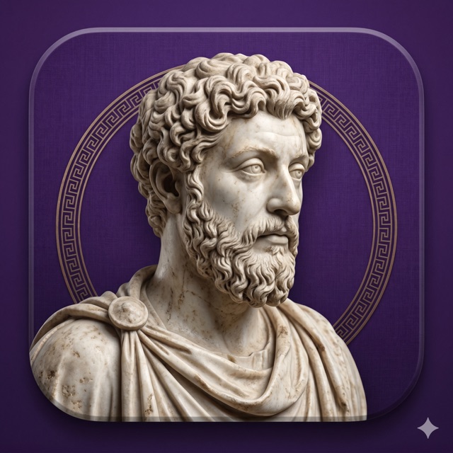 App icon: a marble bust of Marcus Aurelius within a gold Greek-key ring on imperial purple